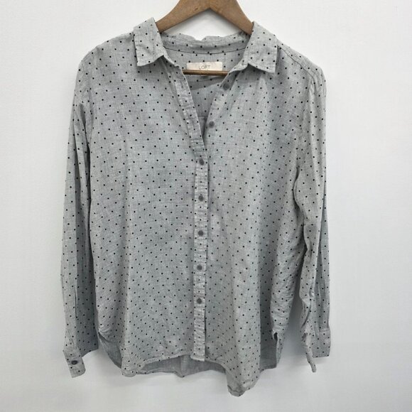 LOFT Womens L Gray Polka Dot Button Front Blouse Long Sleeve Collared Work Top - Picture 3 of 15